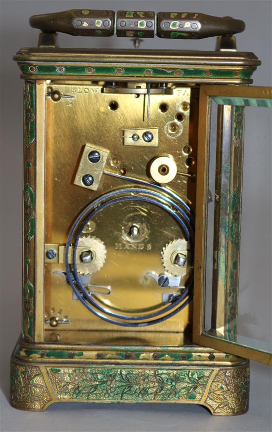 A Drocourt & Cie enamelled brass hour repeating carriage clock, 5.5in.